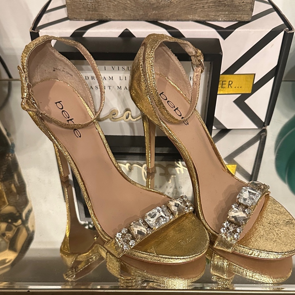Bebe Gold Heels with Crystal Embellishments